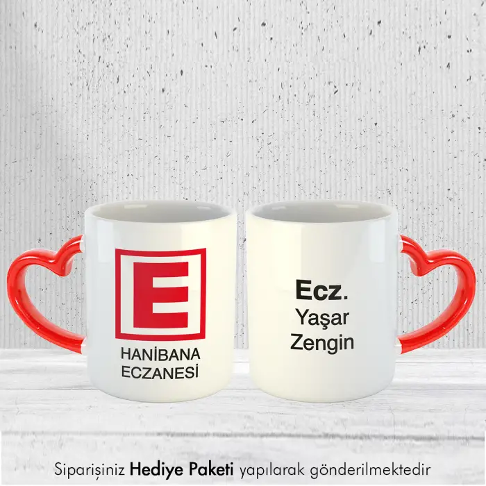 Eczacılara Özel Hediye İsimli Kırmızı Kulplu Kupa Bardak