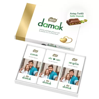 Kişiye Özel Fotoğraflı Nestlé Damak Antep Fıstıklı Sütlü Çikolata 3x70 Gr Hediye Paketi