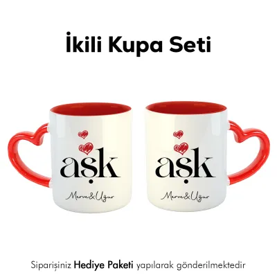 2Li Aşk Yazılı Kişiye Özel İsimli Kalpli Kupa Bardak