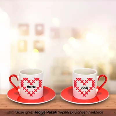 2Li Kırmızı İsimli Romantik Hediyelik Fincan Seti