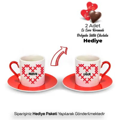 2Li Kırmızı İsimli Romantik Hediyelik Fincan Seti(Çikolata HEDİYELİ)