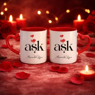 2Li Aşk Yazılı Kişiye Özel İsimli Kalpli Kupa Bardak