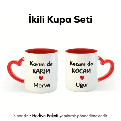 2’Li Kişiye Özel İsimli Kalpli Kupa Bardak