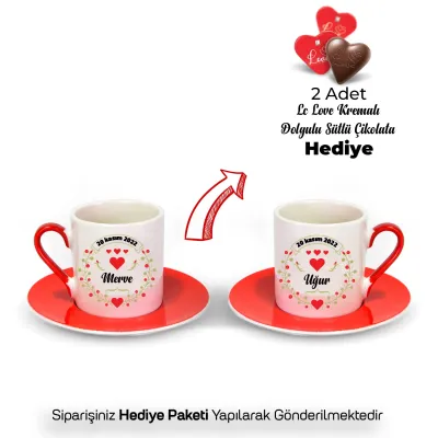 2’Li Kırmızı İsim ve Tarihli Aşk Fincanı Seti (Çikolata HEDİYELİ)