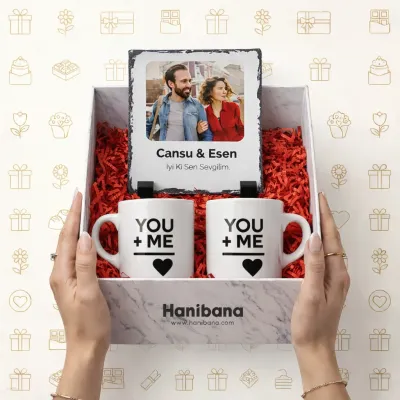 Kişiye Özel You + Me Çift Kupa ve Fotoğraf Taş Hediye Seti