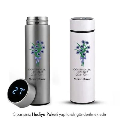 Öğretmenler Gününe Özel Çiçek Figürlü İsimli Termos