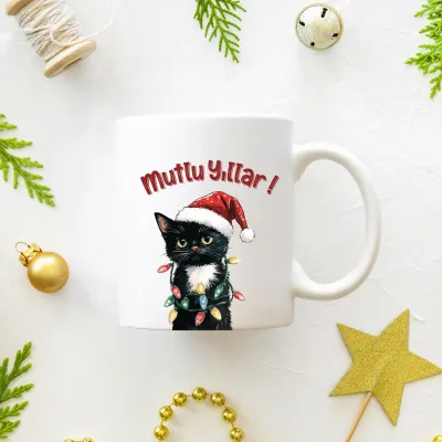Sevimli Yeni Yıl Kedi Tasarımlı Kupa