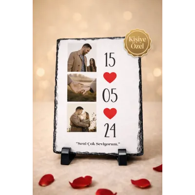 Kişiye Özel 3 Fotoğraflı Tarihli Sevgililer Günü Doğal Taş