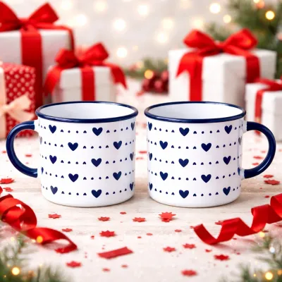 Aşk Dolu Lacivert Enamel Kupa Seti