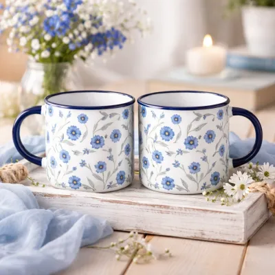 Çiçek Desenli Lacivert Enamel Kupa Seti