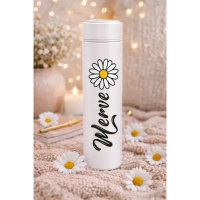 Kişiye Özel Papatyalı Beyaz Termos