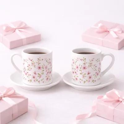 Pembe Çiçekli 2li Fincan Seti