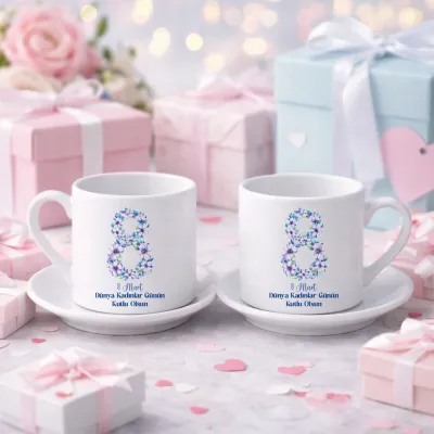 8 Mart Çiçekli Kahve Fincan Seti