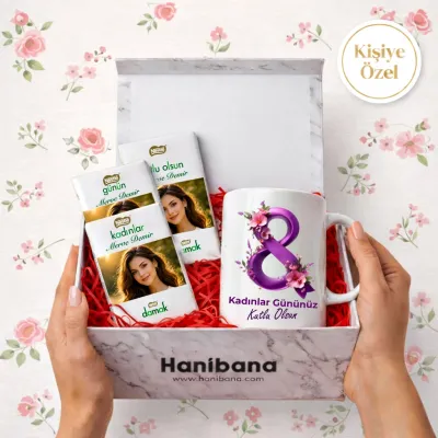 Kadınlar Gününe Özel Kupa ve Fotoğraflı Çikolata Hediye Kutusu