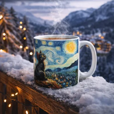 Yıldızlı Gece Kedisi Tasarım Kupa