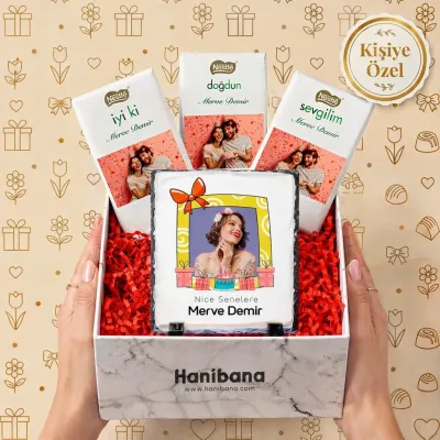 Kişiye Özel Fotoğraflı Taş Çerçeve ve Fotoğraflı Çikolata Hediye Kutusu