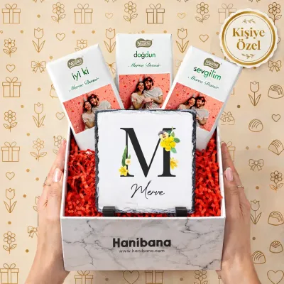 Kişiye Özel Baş Harfli Taş ve Fotoğraflı Çikolata Doğum Günü Hediye Kutusu