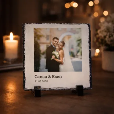 Yıl Dönümüne Özel Fotoğraf İsim ve Tarih Baskılı Kare Doğal Taş