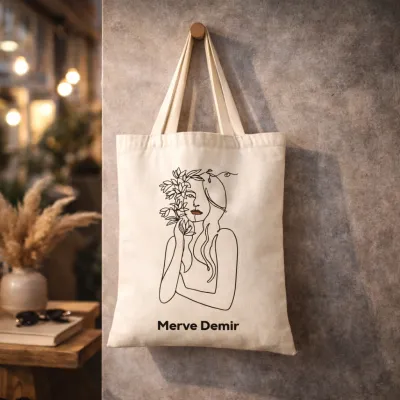 Woman Art Line Tasarımlı Kişiye Özel İsimli Askılı Bez Çanta