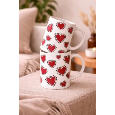 Kırmızı Kalp Desenli 2’li Kupa Seti