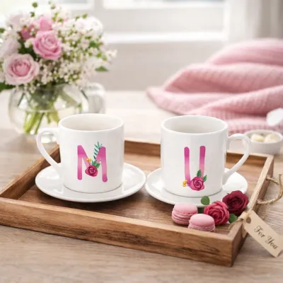 2’Li Beyaz Fincan Kişiye Özel Harf Baskılı