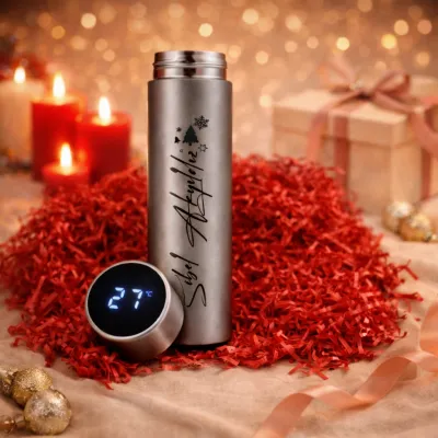 Kişiye Özel Hediye Dijital Göstergeli Gri Çelik Termos