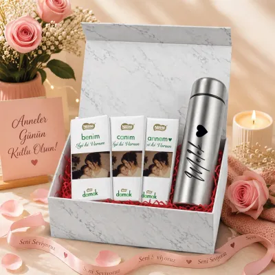 Kişiye Özel Anneler Günü Fotoğraflı Çikolata & İsimli Termos Hediye Kutusu