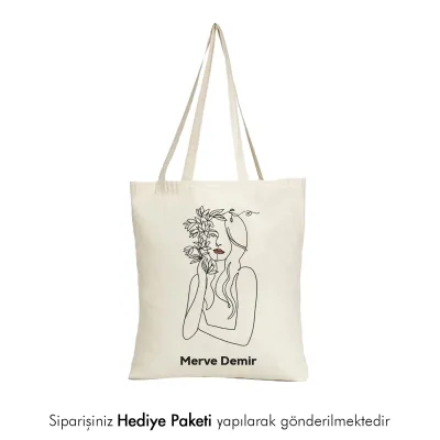 Woman Art Line Tasarımlı Kişiye Özel İsimli Askılı Bez Çanta