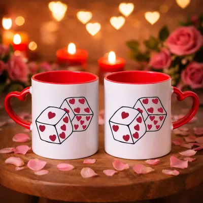 Aşk Zarı Temalı 2li Kırmızı Kalpli Kupa Bardak