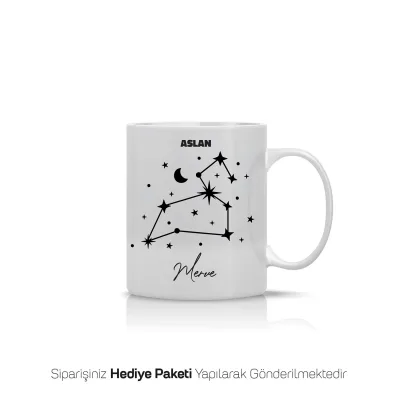 Aslan Burcu Yıldız Haritalı Kişiye Özel İsimli Kupa Bardak