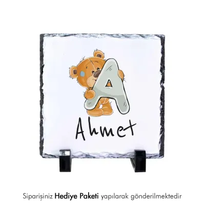 Ayıcıklı Harf Tasarımlı Kişiye Özel Baskılı Doğal Taş