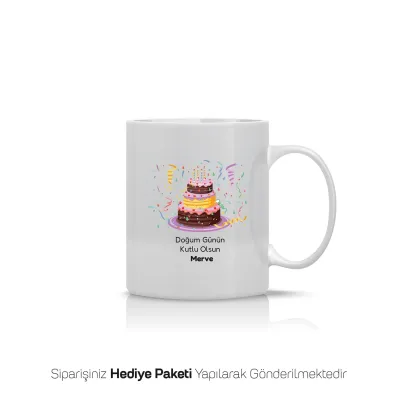 Konfetili Pasta Temalı Kişiye Özel İsimli Kupa Bardak