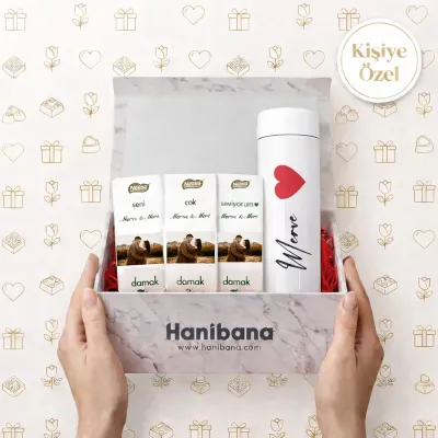 Kişiye Özel Beyaz Termos & 3’lü Fotoğraflı Çikolata Hediye Kutusu