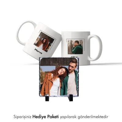 Kişiye Özel Fotoğraf Baskılı Doğal Taş Ve 2Li Kupa Hediye Seti