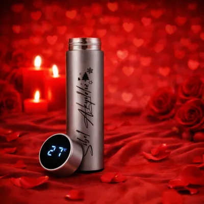 Kişiye Özel Hediye Dijital Göstergeli Gri Çelik Termos