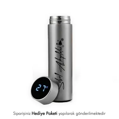 Kişiye Özel Hediye Dijital Göstergeli Gri Çelik Termos