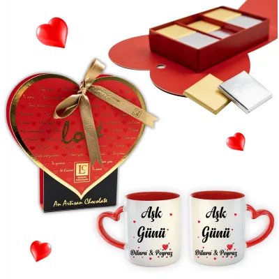 Sevgililer Günü Özel İsim Baskılı Kupa Seti ve Madlen Çikolata