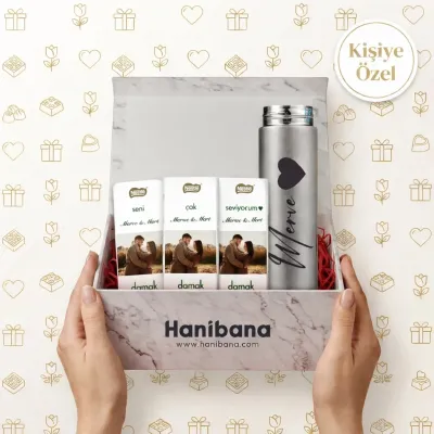 Kişiye Özel Termos & 3’lü Fotoğraflı Çikolata Hediye Kutusu