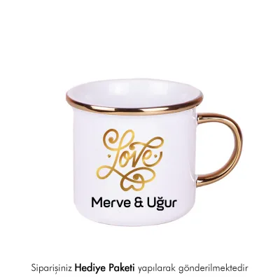 Love Temalı Gold Kişiye Özel İsimli Enamel Kupa Bardak