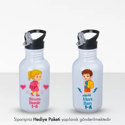 Öğrencilere Özel İsimli Kopçalı Pipetli Matara - 600ml
