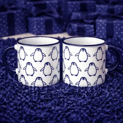 Penguen Desenli Lacivert Enamel Kupa Seti