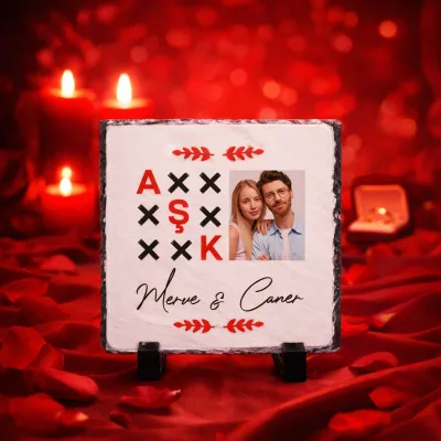 Sevgiliye Özel Aşk Yazılı Fotoğraf Ve İsim Baskılı Doğal Taş 15X15 cm