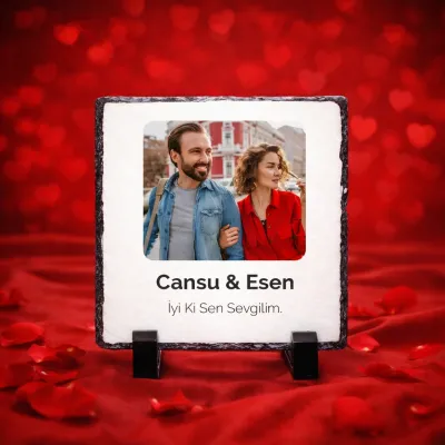 Sevgiliye Özel Fotoğraf Ve İsim Baskılı Doğal Taş 15X15 cm