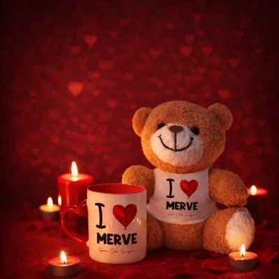 Sevgiliye Özel İsim Baskılı Hediye Peluş Ayıcık Kupa Seti