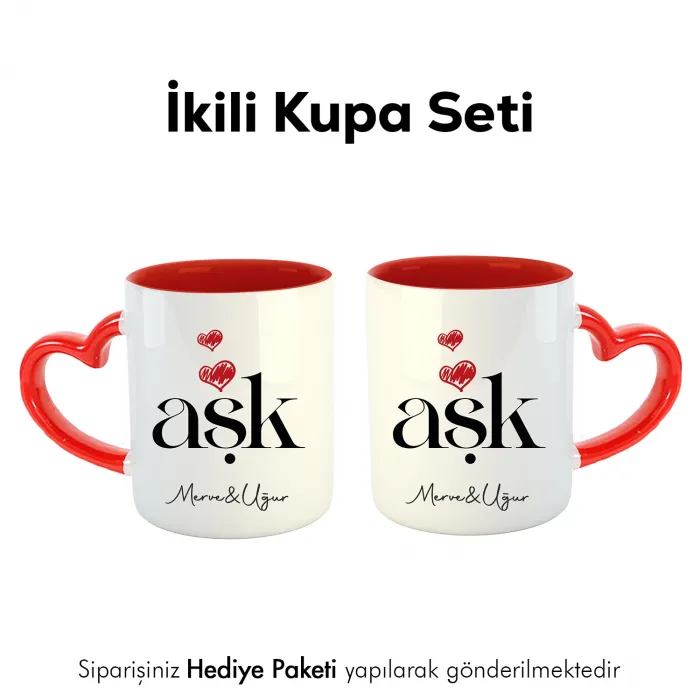 2Li Aşk Yazılı Kişiye Özel İsimli Kalpli Kupa Bardak