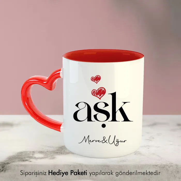 2Li Aşk Yazılı Kişiye Özel İsimli Kalpli Kupa Bardak