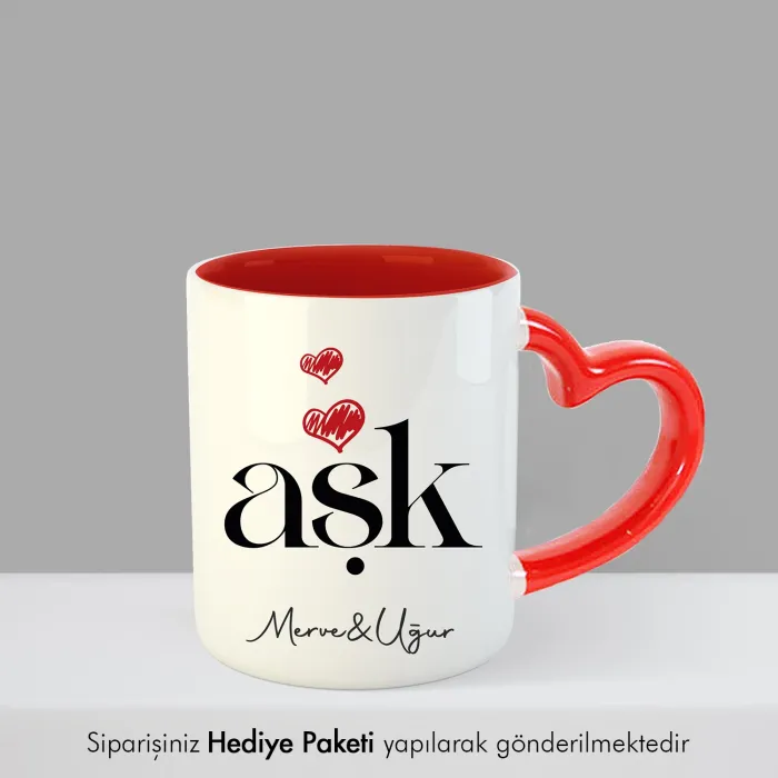 2Li Aşk Yazılı Kişiye Özel İsimli Kalpli Kupa Bardak