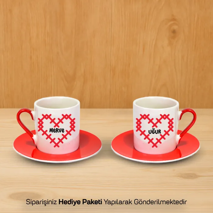 2Li Kırmızı İsimli Romantik Hediyelik Fincan Seti(Çikolata HEDİYELİ)