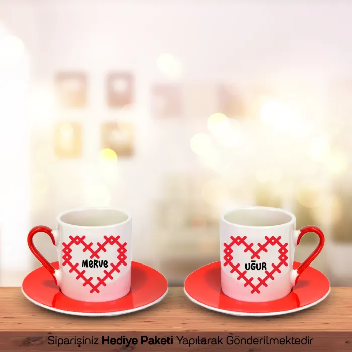 2Li Kırmızı İsimli Romantik Hediyelik Fincan Seti(Çikolata HEDİYELİ)
