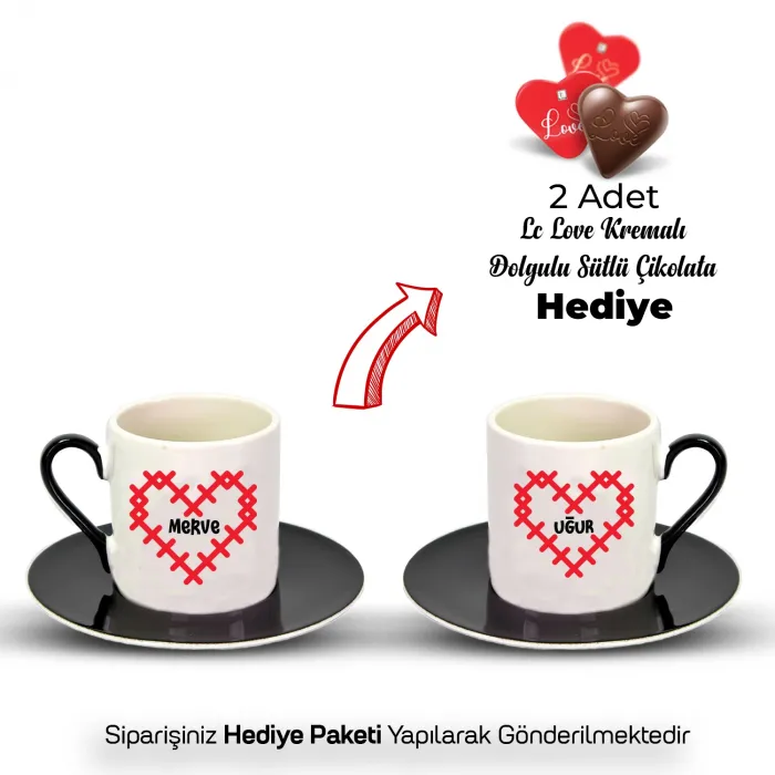 2Li Siyah İsimli Romantik Hediyelik Fincan Seti (Çikolata HEDİYELİ)